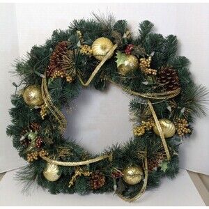 Christmas Wreath PreLit Green/Gold Pine Cones Balls Glamour Front Door Wall 23"